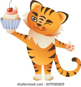 Cute tiger with cake. 2022 New Year mascot. Animal cartoon concept isolated. Can used for t-shirt, greeting card, invitation card or mascot, banners, web, packaging, ads, cards etc. Vector.