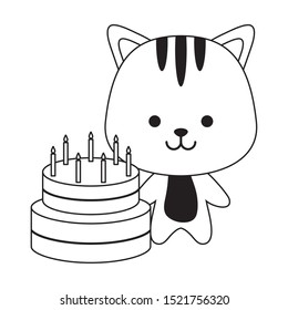 cute tiger with cake of birthday vector illustration design