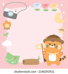 Cute tiger in camp concept.Template for write,diary,memo,planner,to do listbook,stationary.Camera,flower,moon,star,bonfire,map hand drawn.Pink background.Summer.Kawaii.Vector.Illustration.