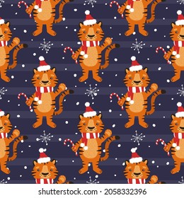 Tigre lindo con caramelos. Fondo de Navidad. Patrón transparente