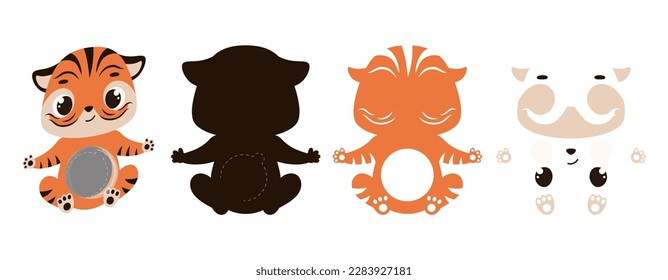 Cute tiger candy ornament. Layered paper decoration treat holder for dome. Hanger for sweets, candy for birthday, baby shower, halloween, christmas. Print, cut out, glue. Vector illustration.