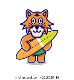 cute tiger cartoon animal holding a surfboard