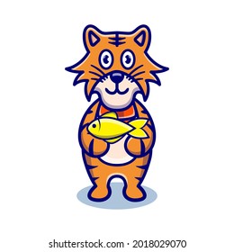 cute tiger cartoon animal holding a fish