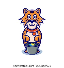 cute tiger cartoon animal holding a fish bucket