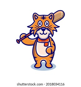 cute tiger cartoon animal holding a baseball bat