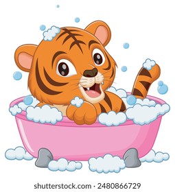 Cute Tiger Cartoon Bathing In Bathtub. Animal Nature Icon Concept Isolated Premium Vector. Vector Illustration