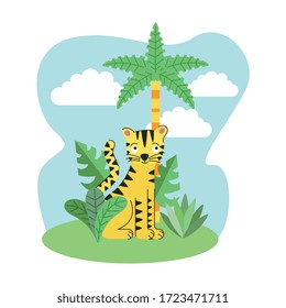 cute tiger cartoon between jungle with leaves and trees. vector illustration