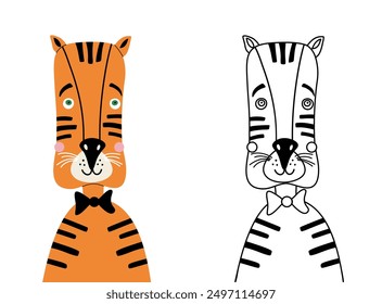 Cute tiger cartoon character coloring page for children. Funny animal colored and colorless vector illustrations isolated on transparent background. Outline kid doodles, anti stress.