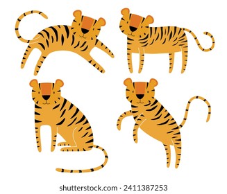 Cute tiger cartoon character flat vector illustrations set. 