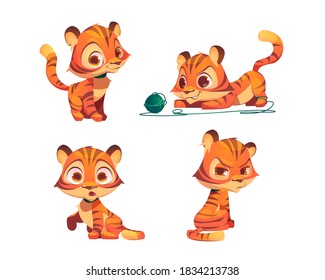 Cute tiger cartoon character, funny animal cub mascot with kawaii muzzle express emotions smile, take offense, surprised and playing with clew. Wild kitten with orange striped skin vector isolated set