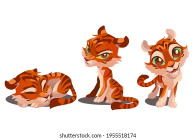 Cute tiger cartoon character, funny animal cub mascot with kawaii muzzle express emotions smiling, grumpy and sleeping. Wild baby kitten with orange striped skin. Vector illustration, isolated set