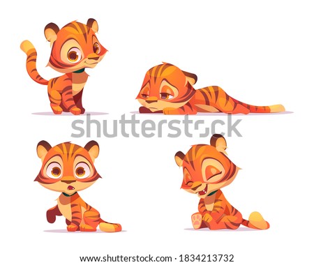 Cute tiger cartoon character, funny animal cub mascot with kawaii muzzle express emotions smiling, laughing, surprised and sad. Wild kitten with orange striped skin. Vector illustration, isolated set