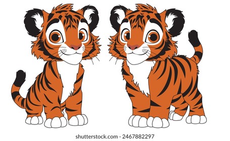 cute tiger cartoon character  isolated on white background, color, vector illustration