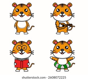 Cute Tiger Cartoon Character Mascot Set Illustration