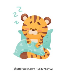 Cute Tiger Cartoon Character Sleeping on Soft Pillow and Covered with Blanket Vector Illustration