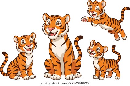 cute, tiger, cartoon, character, vector, illustration, animal, wildlife, mascot, playful, smiling, jungle, baby, cub, orange, striped, kids, design, collection, adorable