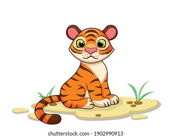 Caracteres de dibujos animados de tigres personalizados sobre fondo blanco. Niño, ilustración de arte vector de bebé con animal divertido