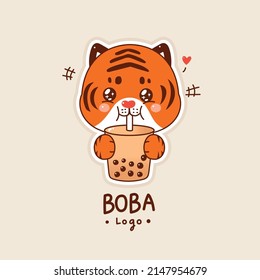 cute tiger cartoon drinking Boba milk tea. logo cartoon