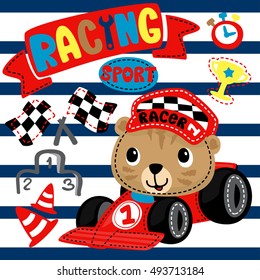 Cute tiger cartoon driving a race car on navy blue lined illustration. /Vector print for children wear. 