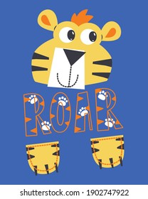 Cute tiger cartoon embroidery design isolated on blue background illustration vector, For t-shirt prints.