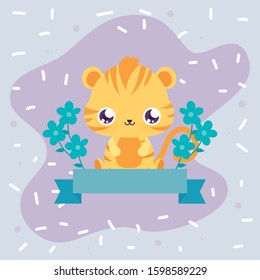 Cute tiger cartoon with flowers and ribbon design, Animal zoo life nature character childhood and adorable theme Vector illustration