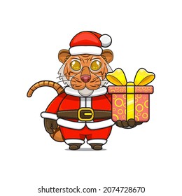 cute tiger cartoon, giving christmas gifts and wearing santa claus costume, cute animal character wearing christmas costume, front view. kawaii and simple style, perfect for christmas content