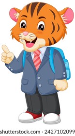 Cute Tiger Cartoon Going to School Vector Illustration. Cute Tiger in School Uniform with Bag