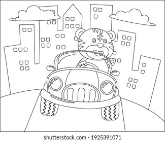 Dibujo tigre lindo divirtiéndose conduciendo un auto urbano en un día soleado. Ilustración vectorial aislada de dibujos animados, Diseño infantil vector creativo para la actividad infantil libro o página de coloración.