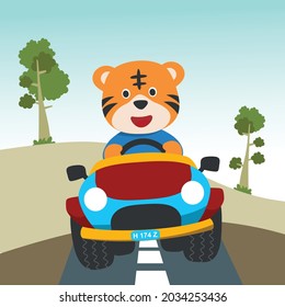 Cute tiger cartoon having fun driving off road car on sunny day. Vector childish background for fabric textile, nursery wallpaper, card, poster and other decoration. Vector illustration.