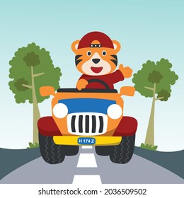 Cute tiger cartoon having fun driving off road car on sunny day. Vector childish background for fabric textile, nursery wallpaper, card, poster and other decoration. Vector illustration.