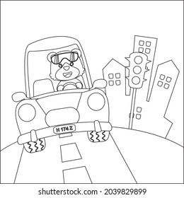 Cute tiger cartoon having fun driving a city car on sunny day. Cartoon isolated vector illustration, Creative vector Childish design for kids activity colouring book or page.