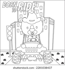 Cute tiger cartoon having fun driving off road car on sunny day. Cartoon isolated vector illustration, Creative vector Childish design for kids activity colouring book or page.