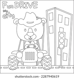 Cute tiger cartoon having fun driving off road car on sunny day. Cartoon isolated vector illustration, Creative vector Childish design for kids activity colouring book or page.