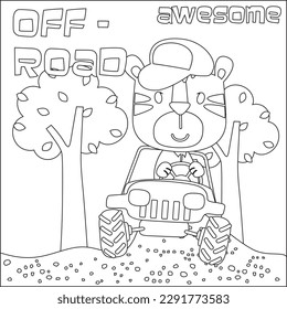 Cute tiger cartoon having fun driving off road car on sunny day. Cartoon isolated vector illustration, Creative vector Childish design for kids activity colouring book or page.