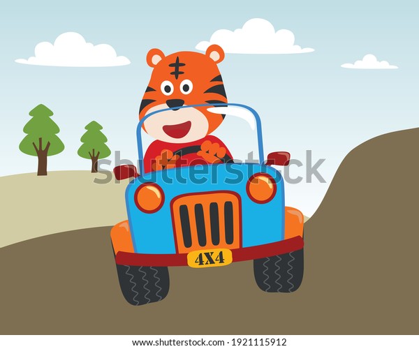 Cute tiger cartoon having fun driving a off\
road car in mountain on sunny day. Vector childish background for\
fabric textile, nursery wallpaper, card, poster and other\
decoration. Vector\
illustration.