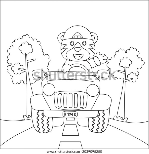 Cute tiger cartoon\
having fun driving off road car on sunny day. Cartoon isolated\
vector illustration, Creative vector Childish design for kids\
activity colouring book or\
page.