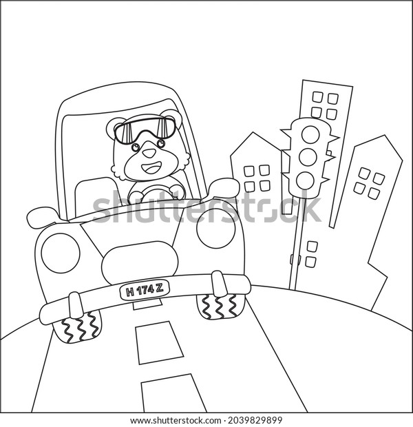Cute tiger cartoon\
having fun driving a city car on sunny day. Cartoon isolated vector\
illustration, Creative vector Childish design for kids activity\
colouring book or page.