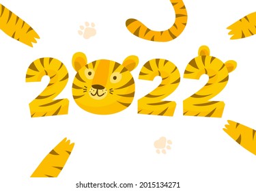 Cute tiger cartoon head with 2022 numbers. Tiger is symbol of 2022 New year. Vector illustration