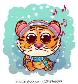 cute tiger cartoon with headphone. Can be used for baby t-shirt print, fashion print design, kids wear, baby shower celebration, greeting and invitation card. - Vector