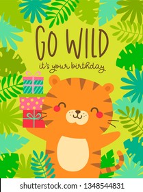 Cute tiger cartoon illustration with gift boxes for birthday greeting card design.
