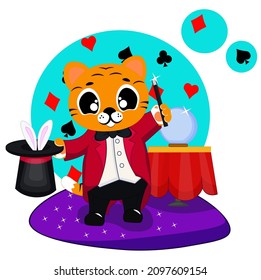 Cute tiger cartoon illustration. Illustration of magician tiger. Cartoon vector illustration for children