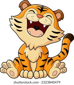 Cute tiger cartoon laughing on white background