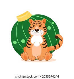 Cute tiger cartoon near tree toy