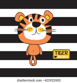 cute tiger cartoon on striped background, T-shirt design vector illustration