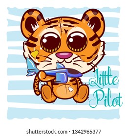 cute tiger cartoon with plane toy. Can be used for baby t-shirt print, fashion print design, kids wear, baby shower celebration, greeting and invitation card. - Vector