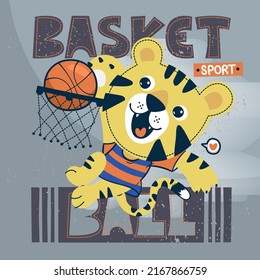 Cute tiger cartoon playing basketball on gray background illustration vector, T-shirt graphic design.