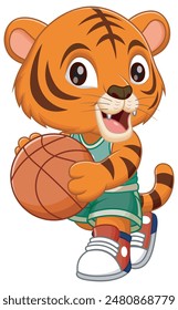 Cute Tiger Cartoon Playing Basketball. Animal Nature Icon Concept Isolated Premium Vector. Vector Illustration