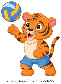 Cute Tiger Cartoon Playing Volleyball Vector Illustration. Animal Nature Icon Concept Isolated Premium Vector