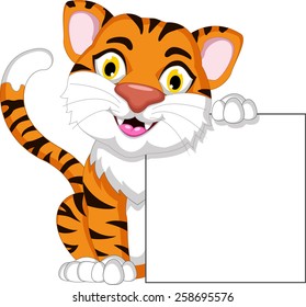 Cute tiger cartoon posing with blank sign