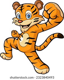 Cute tiger cartoon posing on white background